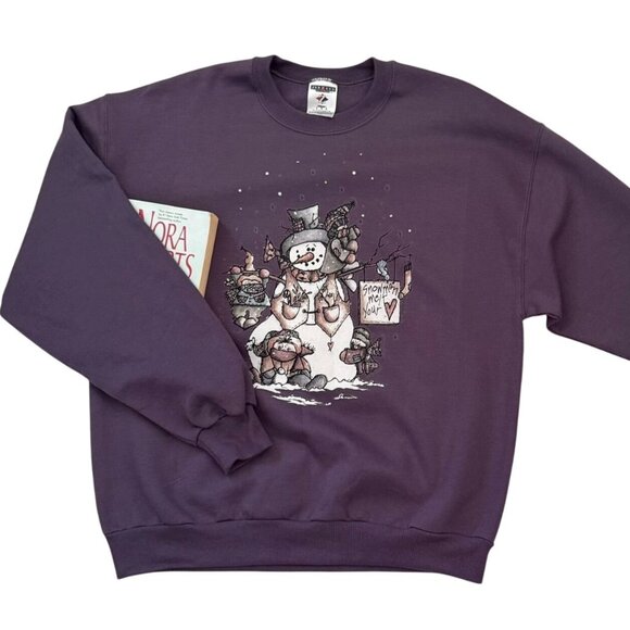 Jerzees Sweaters - Vintage Snowmen Melt Your Heart Graphic Sweatshirt Oversized Large Purple